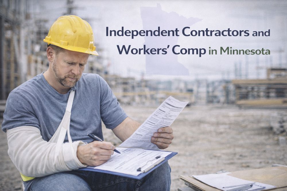Injured construction worker reviewing paperwork at a Minnesota jobsite, illustrating independent contractor workers’ compensation issues