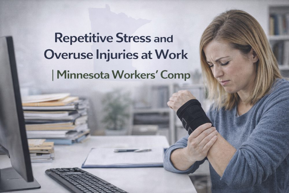 Office worker wearing a wrist brace due to repetitive stress injury while working at a desk in Minnesota
