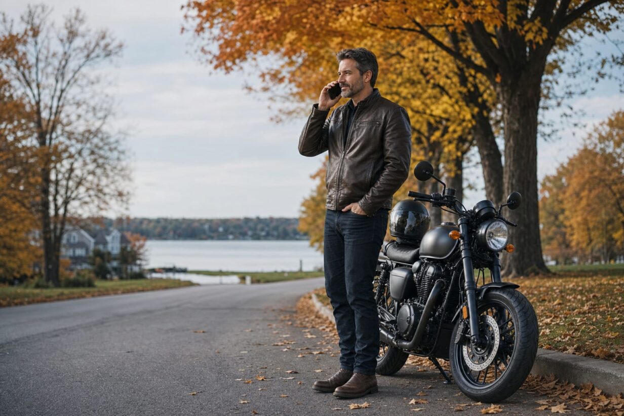 Minnesota motorcyclist standing beside a parked motorcycle on a quiet suburban road in autumn, speaking on a phone