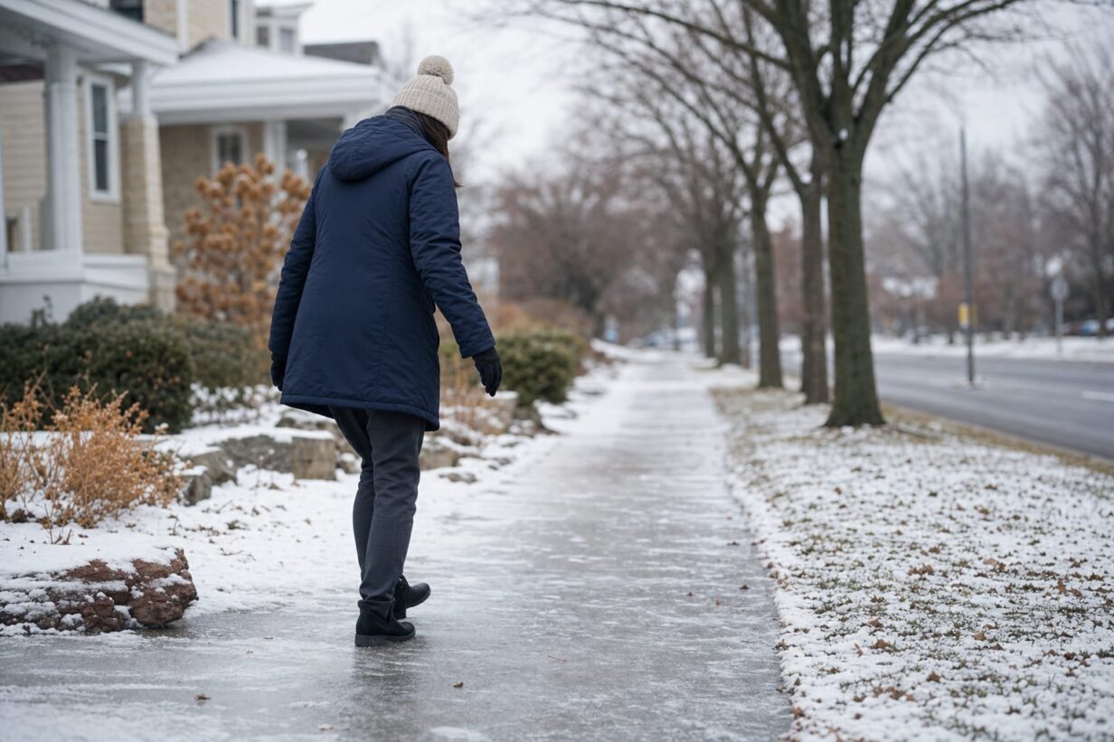 Person carefully walking on an icy Minnesota sidewalk in winter, looking down at the ground