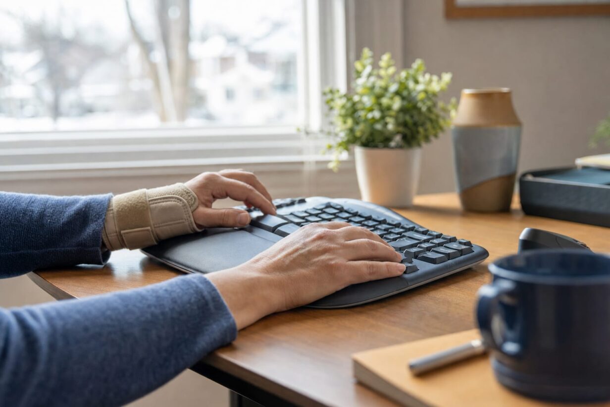 Person wearing a wrist brace on one hand while working at a keyboard in a Minnesota office, illustrating a carpal tunnel workers' compensation claim