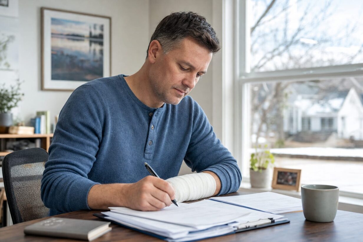 Minnesota worker sitting at a desk reviewing workers compensation claim forms with a bandaged wrist, natural daylight from window