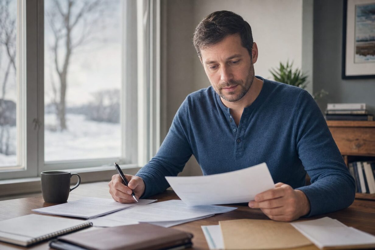 Person sitting at a desk reviewing personal injury claim documents with a Minnesota winter landscape in the background