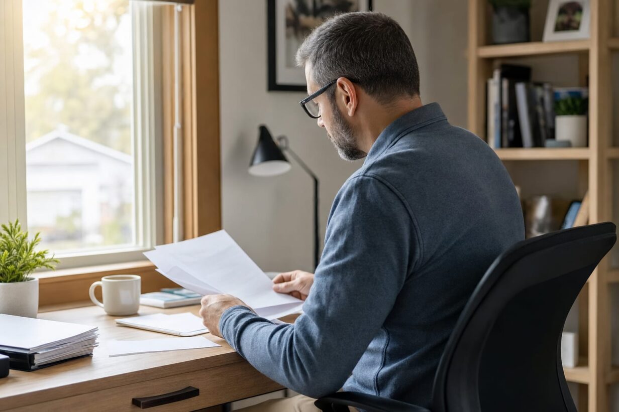 Minnesota worker calmly reviewing workers compensation paperwork at a home desk in natural daylight
