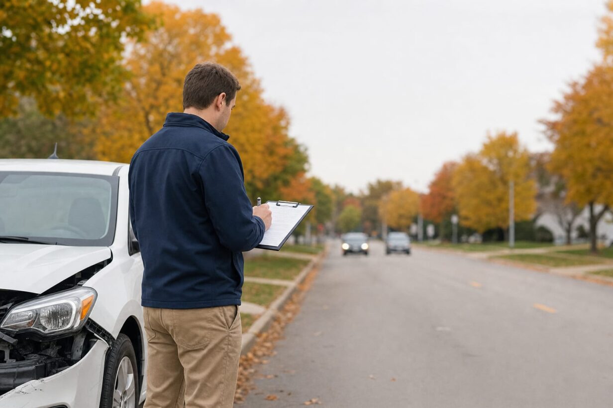 Minnesota worker standing beside a vehicle on a suburban road reviewing paperwork after a work-related car accident
