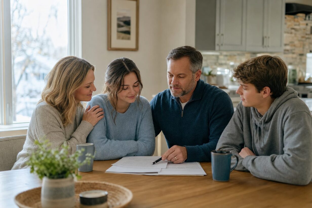 Minnesota family sitting together at a kitchen table reviewing legal documents related to a wrongful death claim